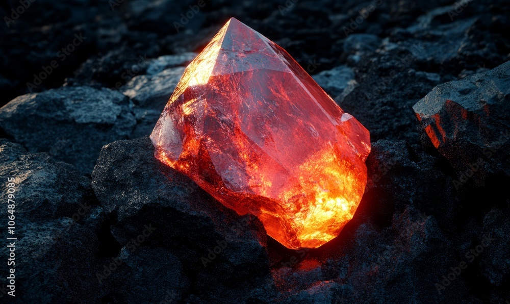 Poster a close-up view of a glowing red crystal embedded in dark rock, highlighting the intricate vein-like