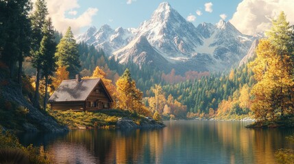 Fototapeta premium Close-up of a rustic cabin by a tranquil lake, surrounded by vibrant forests and towering mountains, showcasing nature's beauty and calmness.