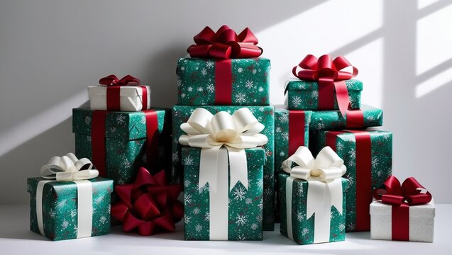 Gift boxes with festive wrapping paper and large satin bows, neatly stacked on a white background, various sizes and vibrant colors, creating a cheerful holiday vibe.