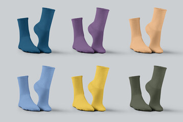 Template of medium bright socks with elastic band, 3D rendering, side view, for design, print, pattern, branding, set