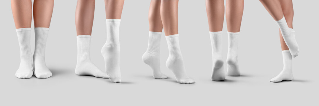 Template of white long gaiters on slender female legs, isolated on background, side view, back, front. Set