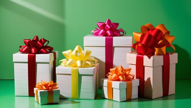 Gift boxes with festive wrapping paper and large satin bows, neatly stacked on a white background, various sizes and vibrant colors, creating a cheerful holiday vibe.