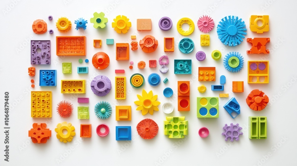 Poster flat lay of vibrant plastic toy bricks arranged on a white background, creating a playful and imagin