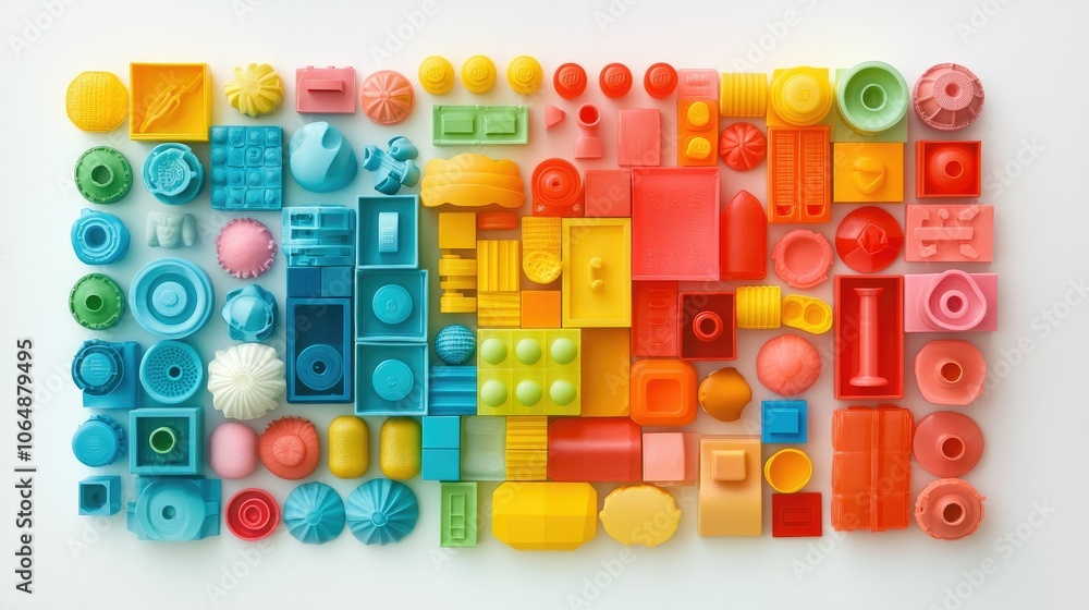 Poster flat lay of vibrant plastic toy bricks arranged on a white background, creating a playful and imagin