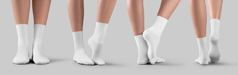 Mockup of white medium socks on female feet, presentation of gaiters with stretched legs, isolated...