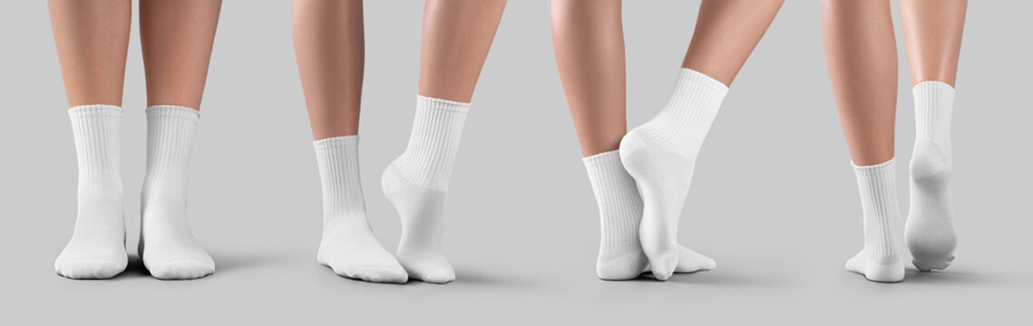 Mockup of white medium socks on female feet, presentation of gaiters with stretched legs, isolated on background, side, back, front view. Set