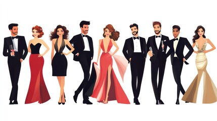 Fototapeta premium People dressed in stunning evening wear for special events and celebrations. Illustrations