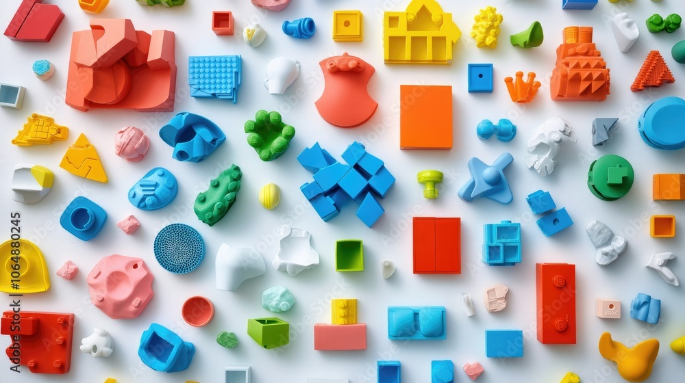 Poster top view of a colorful assortment of toy bricks on a bright white surface, inviting kids to explore 