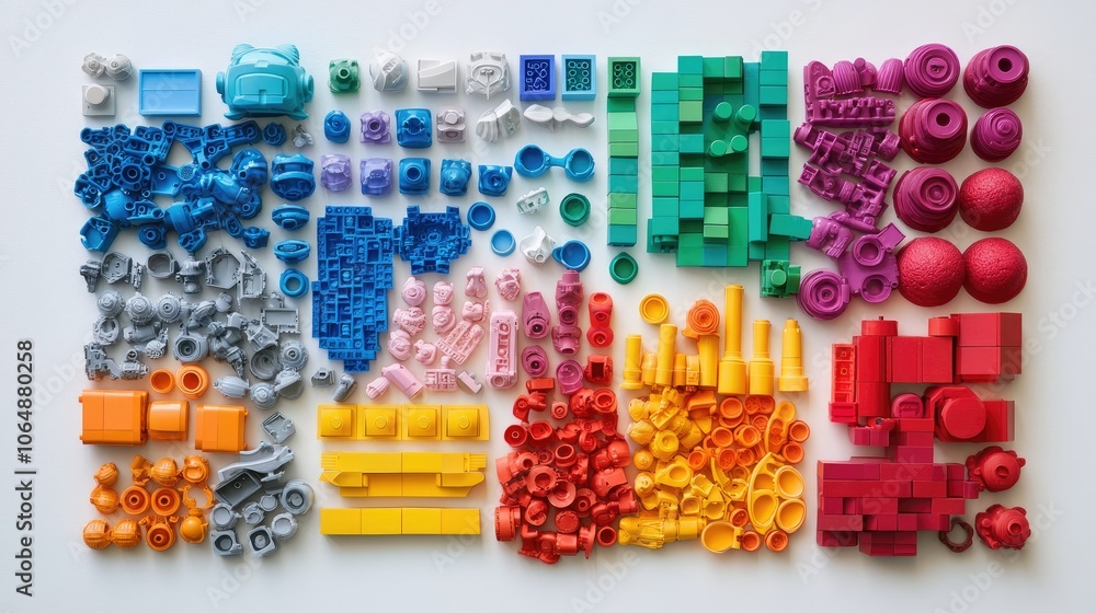 Poster top view of a colorful assortment of toy bricks on a bright white surface, inviting kids to explore 
