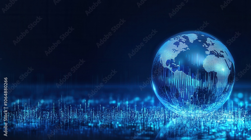 Poster a digital globe illuminated by blue light, symbolizing technology and global connectivity in a moder