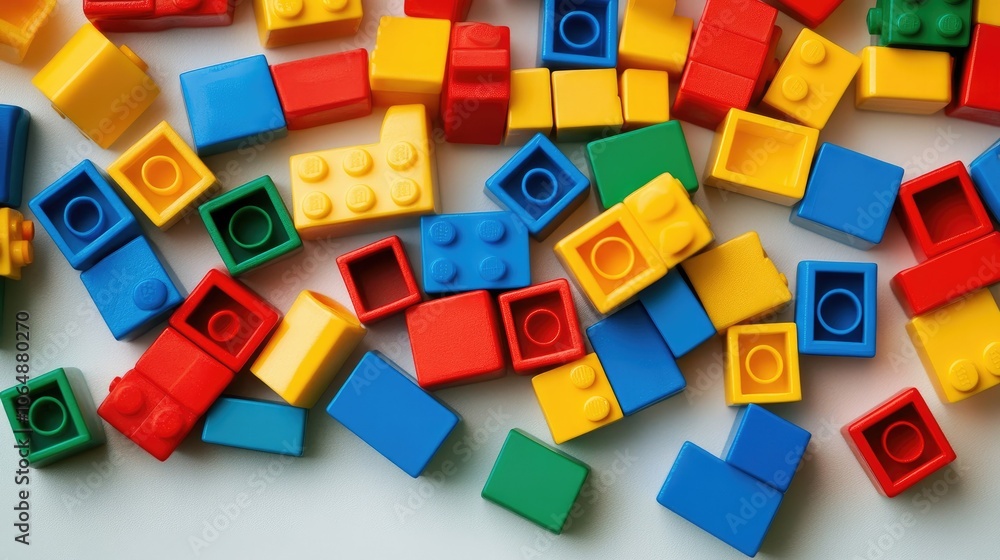 Poster top view of colorful toy blocks scattered on a clean white surface, evoking creativity and joy in pl