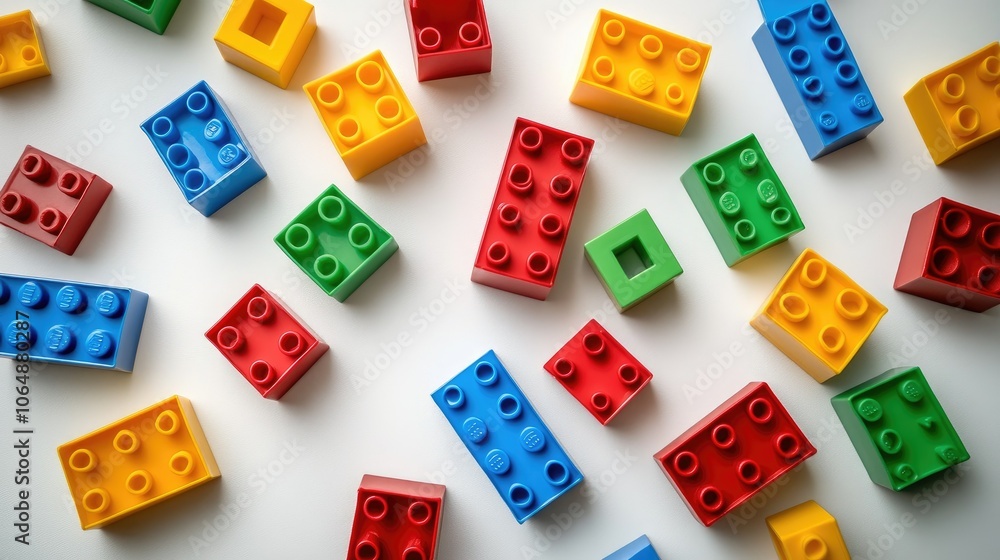 Poster top view of colorful toy blocks scattered on a clean white surface, evoking creativity and joy in pl