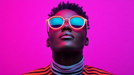 Neon Dreams:  A stylish portrait of a young person wearing vibrant sunglasses against a bold magenta backdrop. The image captures a mood of confidence and individuality.  © KN Studio