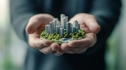 The composition captures a man hands gently holding a miniature cityscape, filled with tiny buildings, green trees, and a winding river. The city model appears vibrant and lifelike in his cupped