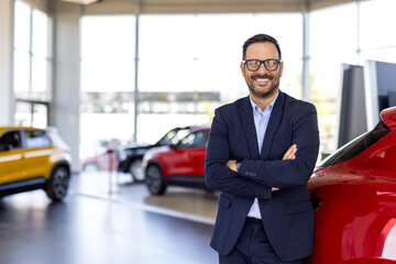 Cropped portrait of a handsome young male car salesman working on the showroom floor. Happy...