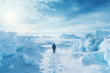 Frosty antarctic day landscape tourists expedition with polar animals extreme hiking Generative AI image