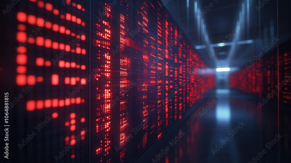 Poster a futuristic data center showcasing illuminated server racks and digital displays in a high-tech env