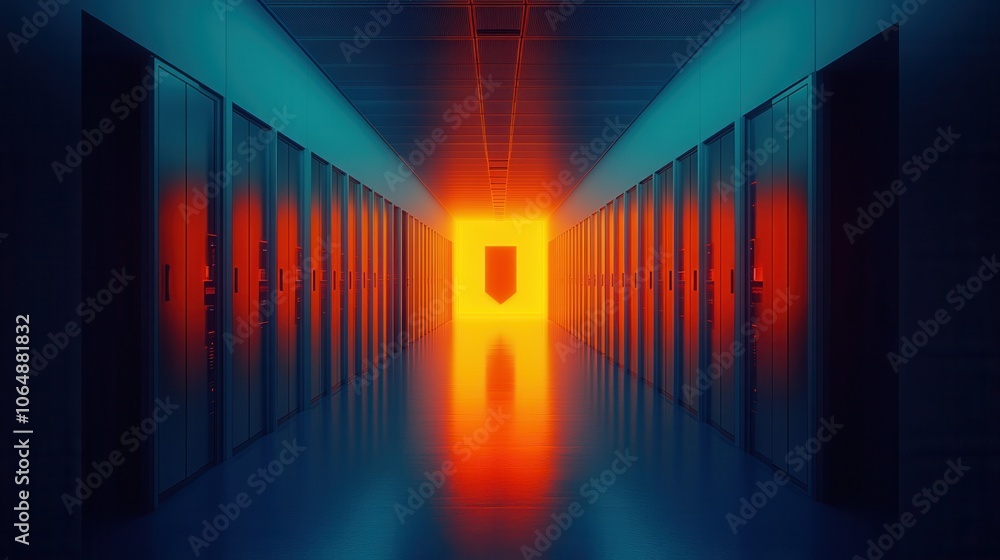 Poster a futuristic corridor lit by an intense glow leading to a mysterious entrance, creating a sense of i