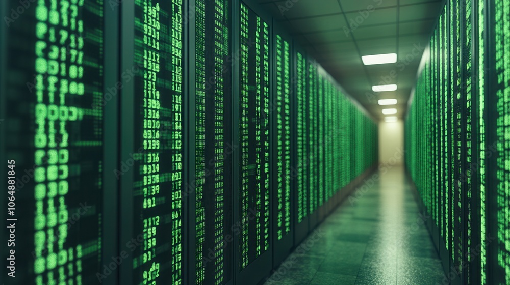 Poster a futuristic data center with illuminated green server racks displaying digital information, symboli
