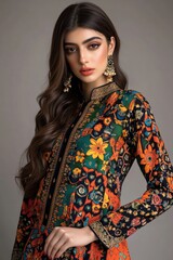 A woman in a colorful floral kurta outfit poses elegantly with long hair.