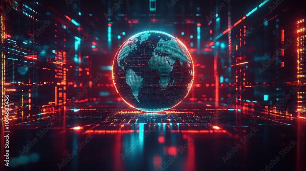 Poster a futuristic digital representation of the earth surrounded by vibrant neon lights and data streams,