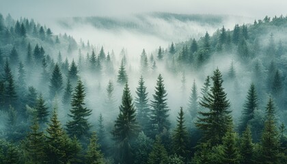 Foggy Evergreen Forest with Sunlight Filtering Through the Trees