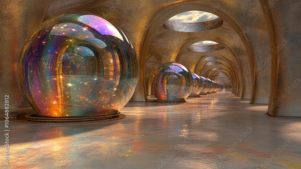 Poster a futuristic hallway with shimmering orbs reflecting light, creating a captivating atmosphere of oth