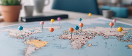 A world map spread across a desk, multiple colorful pins marking famous landmarks, symbolizing global tourism and dream destinations