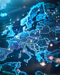 Fototapeta premium Eu flag displayed over map of europe representing cybersecurity and technological future concepts