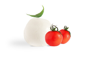 Mozzarella ball, basil leaf and tomatoes isolated on white background