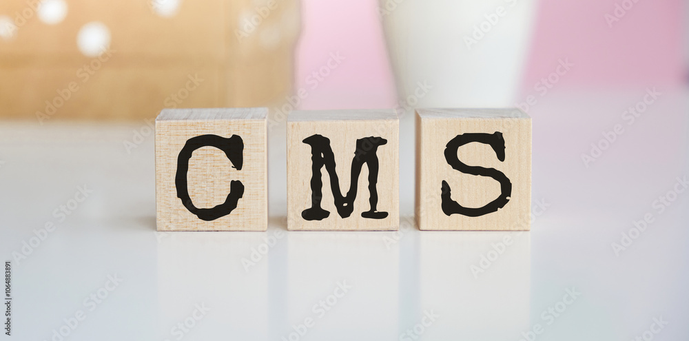 Aufkleber cms is a word written on wooden blocks. the text is written in black letters and is reflected on the