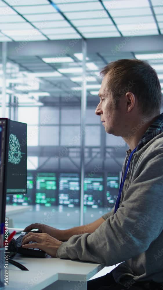 Poster engineer calling colleagues after finding error in code while doing checkup on server room used for 