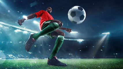 Low angle view on focused African-American woman, soccer player controlling ball, dynamically playing outdoor, under evening sky. 3D render of stadium. Concept of sport, tournament, competition, game