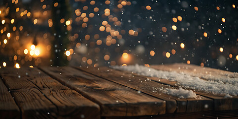 Obraz premium Rustic wooden tabletop covered in snow with a blurred background of warm bokeh lights and falling snow.
