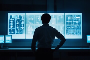 Silhouette of a person in front of multiple computer screens in a dark room, monitoring technology systems closely, technology concept