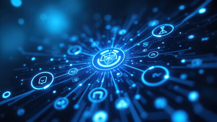 Network of social media icons and communication symbols in a bright blue digital design.