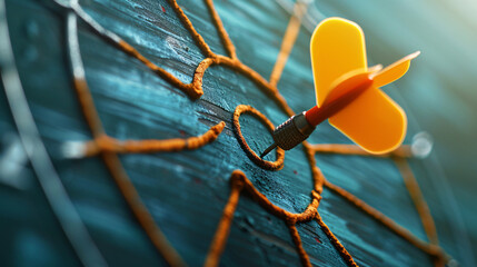 Close-up of a yellow dart perfectly striking the bullseye on a dartboard, representing precision, accuracy, and goal accomplishment in a vibrant setting