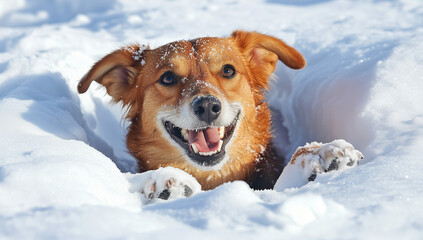 A happy dog ​​playing in the snow, with its head and paws sticking out of an open hole in the white snow