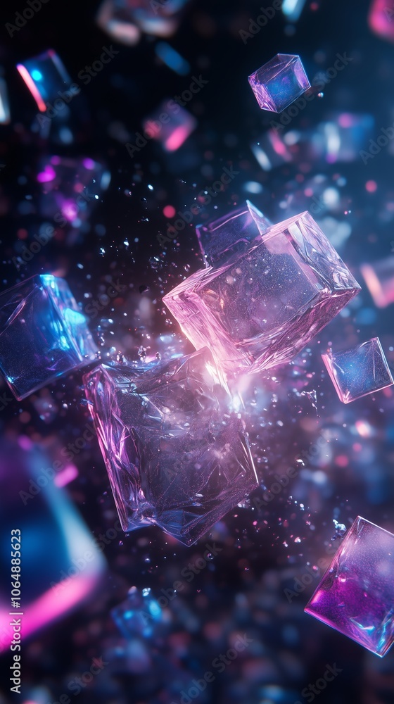 Poster colorful floating crystals in space creating a dazzling visual effect during a cosmic event