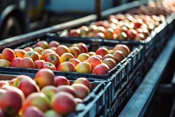 Harvested apples in crates on conveyor belt, orchard fruit distribution, industrial food packaging, fresh produce shipment concept