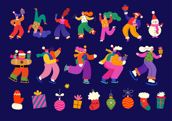 Fototapeta premium Merry Christmas holiday elements. Christmas decorative collection with fun people, Christmas tree and gifts. People are dancing, having fun and celebrating Christmas