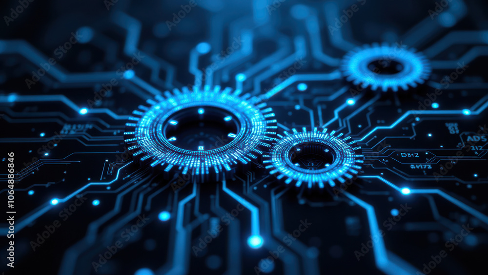 Poster intricate blue circuit board with glowing elements and gears.