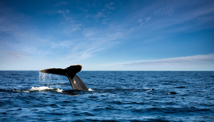 Obraz premium Whale tail splashing above the ocean's surface under a clear blue sky, capturing a breathtaking marine moment