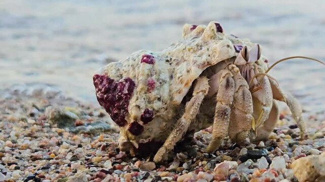 Closeup macro, Hermit crab in a coral reef shell walking, hiding on sunset sandy water beach Marsa Alam Egypt