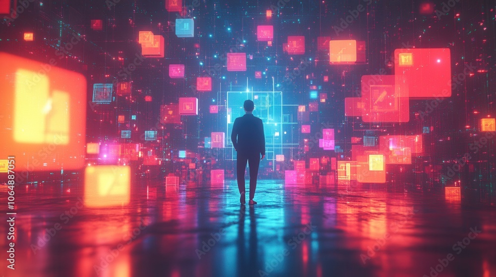 Poster a person stands amidst vibrant data visuals, exploring a futuristic digital landscape filled with co