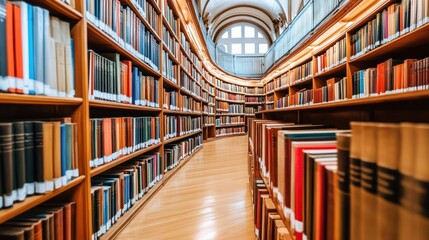 Fototapeta premium A serene library with wooden shelves filled with books, inviting exploration and learning.