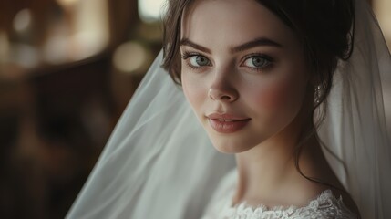 A beautiful Ukrainian bride looking directly at the camera