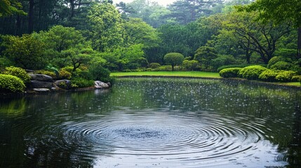 Fototapeta premium A peaceful scene of rain falling gently on a tranquil lake, with ripples forming on the surface and lush greenery reflecting the calming atmosphere.
