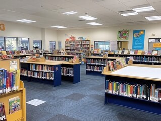 A spacious library filled with bookshelves and reading areas for community use.