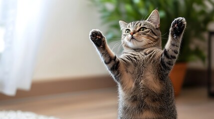 Captivating Cat Standing on Hind Legs Against Plain White Background for Social Media